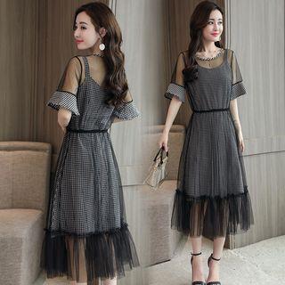 Set: Plaid Spaghetti Strap A-line Dress + Mesh Short-sleeve Midi Dress