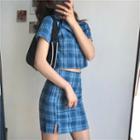Short-sleeve Plaid Shirt / Plaid Mini Skirt