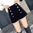 Plain Double-breasted High-waist A-line Shorts