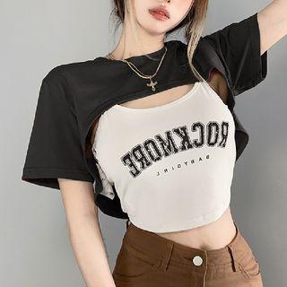 Set: Lettering Crop Tank Top + Short-sleeve Crop Top