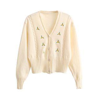 Lantern-sleeve Floral Embroidered Cardigan