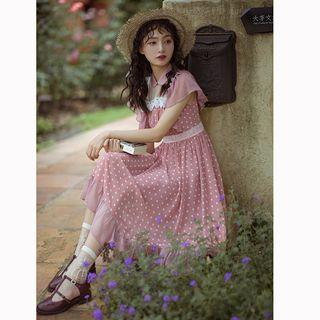 Short-sleeve Ruffled Polka Dot A-line Maxi Chiffon Dress