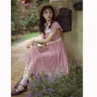 Short-sleeve Ruffled Polka Dot A-line Maxi Chiffon Dress