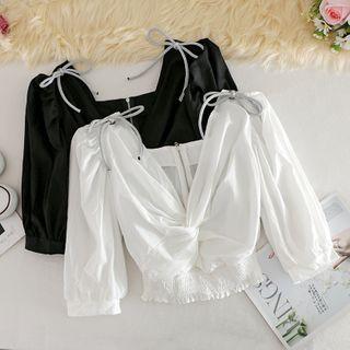 V Neck Bow Puff-sleeve Top