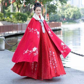 Furry Panel Floral Embroidered Bow Cape