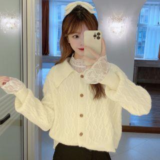 Long-sleeve Mock-neck Lace Top / Chunky-knit Collared Cardigan
