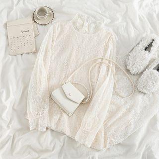 Long-sleeve Midi A-line Lace Dress Beige - One Size