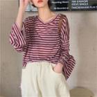 Striped V-neck Long-sleeve T-shirt Stripes - Wine Red - One Size