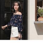 Off-shoulder Tie-cuff Print Top