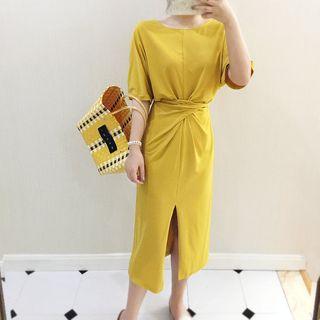 Elbow-sleeve Crisscross Midi A-line Split Dress
