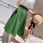 Band-waist Flare Linen Blend Skirt With Sash