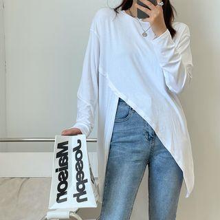 Long-sleeve Round-neck Plain Asymmetrical Slit Top