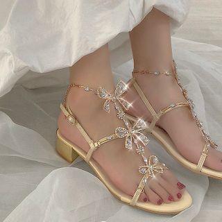 Rhinestone Butterfly Applique Chunky-heel Sandals