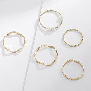 Set Of 5: Alloy / Faux Pearl Ring (assorted Designs) Set Of 5 - Ring - Gold - One Size