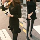Ruffle Hem Long-sleeve Knit Dress Black - One Size