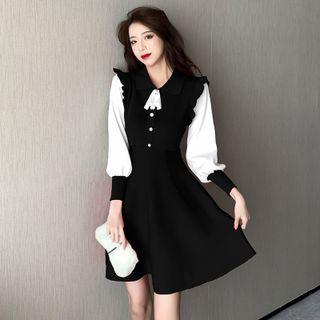 Puff-sleeve Ruffle Collared Mini A-line Dress