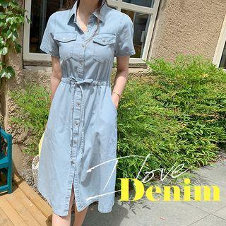 Snap-button Drawstring-waist Denim Shirtdress