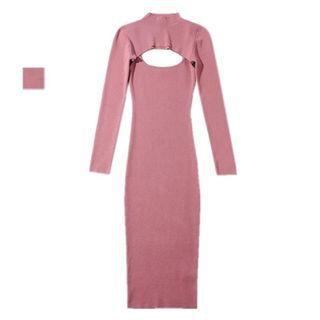 Set: Spaghetti Strap Knit Sheath Dress + Long-sleeve Crop Top Set - Top & Dress - Pink - One Size