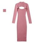 Set: Spaghetti Strap Knit Sheath Dress + Long-sleeve Crop Top Set - Top & Dress - Pink - One Size
