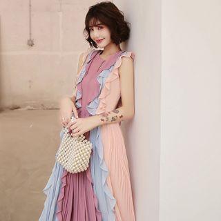 Color Block Sleeveless Ruffle A-line Dress