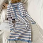 Striped Cardigan / Spaghetti Strap Knit Midi Sheath Dress