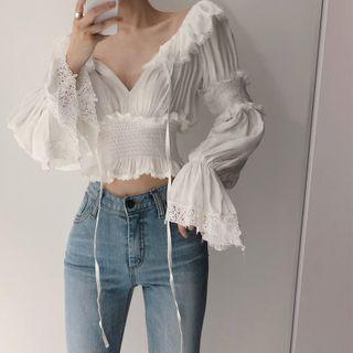 Long Sleeve Off Shoulder Lace Trim Blouse