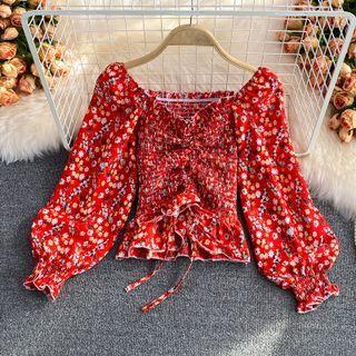 Long Sleeve Floral Print Smocked Crop Blouse