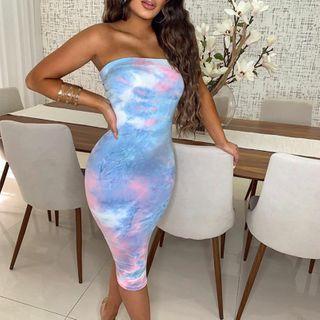 Strapless Tie-dye Midi Bodycon Dress