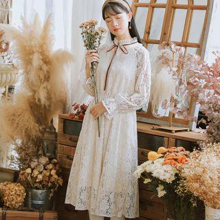 Tie-neck Midi A-line Lace Dress