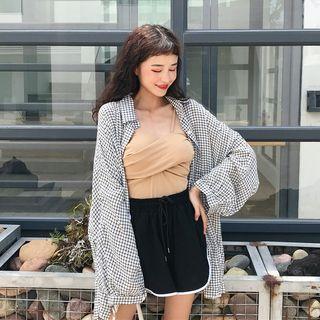 Plaid Shirt / Wrap Camisole Top / Contrast Trim Shorts