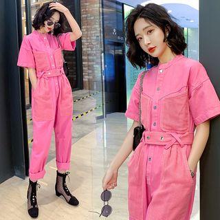 Short Sleeve Denim Buttoned Jumpsuit
