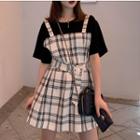Short-sleeve Plain Crew-neck T-shirt And Sleeveless Plaid Drawstring Off-shoulder Mini Dress