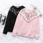Frill Trim Flower Embroidered Pullover