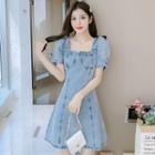 Short-sleeve Square-neck Washed Denim Mini Dress