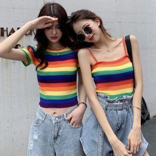Short-sleeve Striped Crop T-shirt / Striped Camisole Top