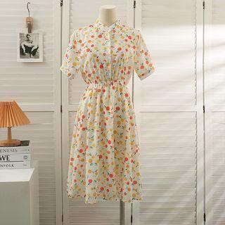 Stand-collar Floral Midi Dress