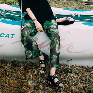 Leaf Print Wide-leg Chiffon Pants