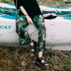 Leaf Print Wide-leg Chiffon Pants