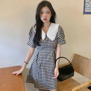 Puff-sleeve Collar Gingham Mini A-line Dress