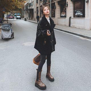 Plaid Panel Double-breasted Stand-collar Fleeced Jacket