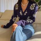 Padded-shoulder Flower-pattern Cropped Cardigan