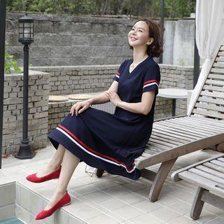 V-neck Piped Long Flare Dress