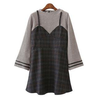 Bell-sleeve Plaid Mock Two-piece Dress