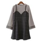 Bell-sleeve Plaid Mock Two-piece Dress