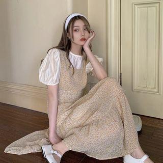 Floral Midi Overall Dress / Short-sleeve Top