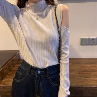 Mock-neck Off Shoulder Plain Knit Long-sleeve Top