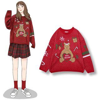 Bear Print Sweater Red - One Size