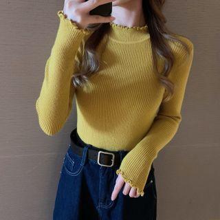 Mock Neck Frill Trim Long-sleeve Knit Top