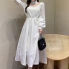 Long-sleeve Mock-neck Mesh Panel Midi A-line Dress