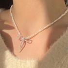 Bow Pearl Pendant Necklace 1 Pc - Silver & Beige - One Size
